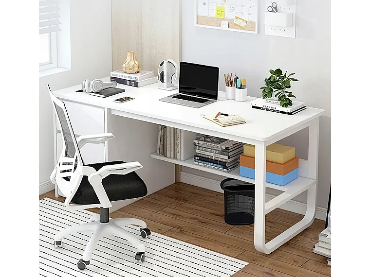 Escritório informático branco escandinavo 100 cm com grandes prateleiras integradas, design moderno e ergonômico