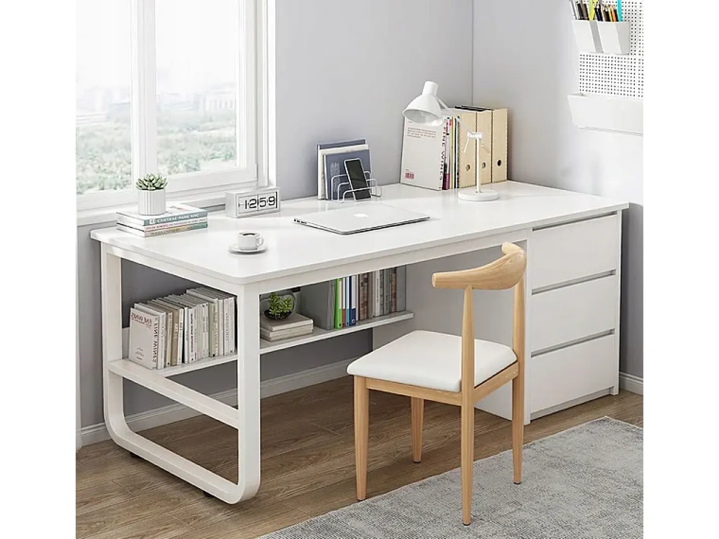 Escritório informático branco escandinavo 100 cm com grandes prateleiras integradas, design moderno e ergonômico