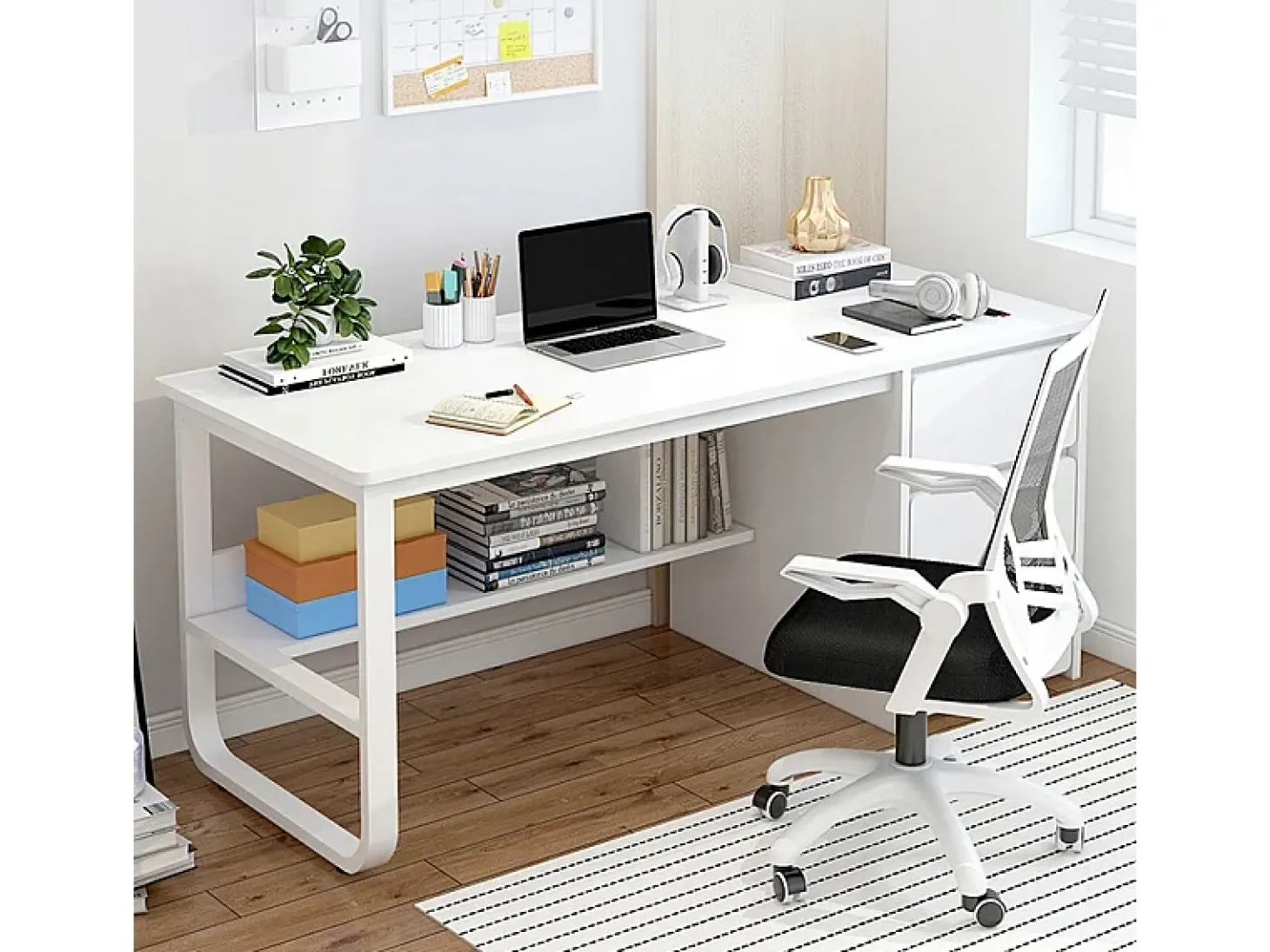 Escritório informático branco escandinavo 100 cm com grandes prateleiras integradas, design moderno e ergonômico