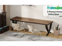 Escritório Informático, Mesa para Notebook, Mesa Dupla Longa para Sala de Escritório em Casa, 200 x 70 x 75 cm, Castanho Rústico