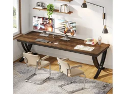 Escritório Informático, Mesa para Notebook, Mesa Dupla Longa para Sala de Escritório em Casa, 200 x 70 x 75 cm, Castanho Rústico