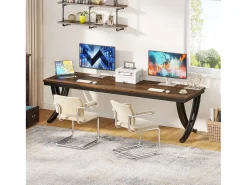 Escritório Informático, Mesa para Notebook, Mesa Dupla Longa para Sala de Escritório em Casa, 200 x 70 x 75 cm, Castanho Rústico