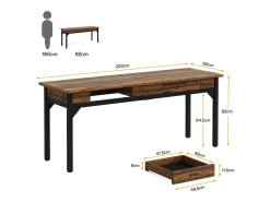 Escritório Informático, Mesa de Estudo, Mesa Dupla Longa com 2 Gavetas, 200 x 60 x 82 cm, Marrom Rústico