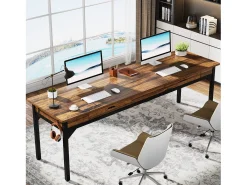 Escritório Informático, Mesa de Estudo, Mesa Dupla Longa com 2 Gavetas, 200 x 60 x 82 cm, Marrom Rústico
