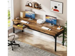 Escritório Informático, Mesa de Estudo, Mesa Dupla Longa com 2 Gavetas, 200 x 60 x 82 cm, Marrom Rústico