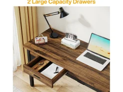 Escritório Informático, Mesa de Estudo, Mesa Dupla Longa com 2 Gavetas, 200 x 60 x 82 cm, Marrom Rústico