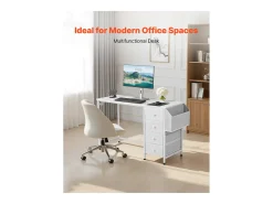 Escritório para Computador SucceBuy, 120 x 50 x 76 cm, Mesa de Escritório para Computador Reversível com 4 Grandes Gavetas de Tecido e 2 Ganchos Laterais, Branco