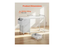 Escritório para Computador SucceBuy, 120 x 50 x 76 cm, Mesa de Escritório para Computador Reversível com 4 Grandes Gavetas de Tecido e 2 Ganchos Laterais, Branco