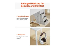 Escritório para Computador SucceBuy, 120 x 50 x 76 cm, Mesa de Escritório para Computador Reversível com 4 Grandes Gavetas de Tecido e 2 Ganchos Laterais, Branco