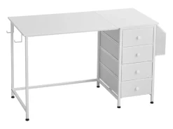 Escritório para Computador SucceBuy, 120 x 50 x 76 cm, Mesa de Escritório para Computador Reversível com 4 Grandes Gavetas de Tecido e 2 Ganchos Laterais, Branco