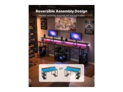Escritório para Computador SucceBuy 120x50x86,5 cm com Iluminação LED Inteligente e Tomadas, Mesa de Escritório para Computador com Suporte para Monitor, Preto