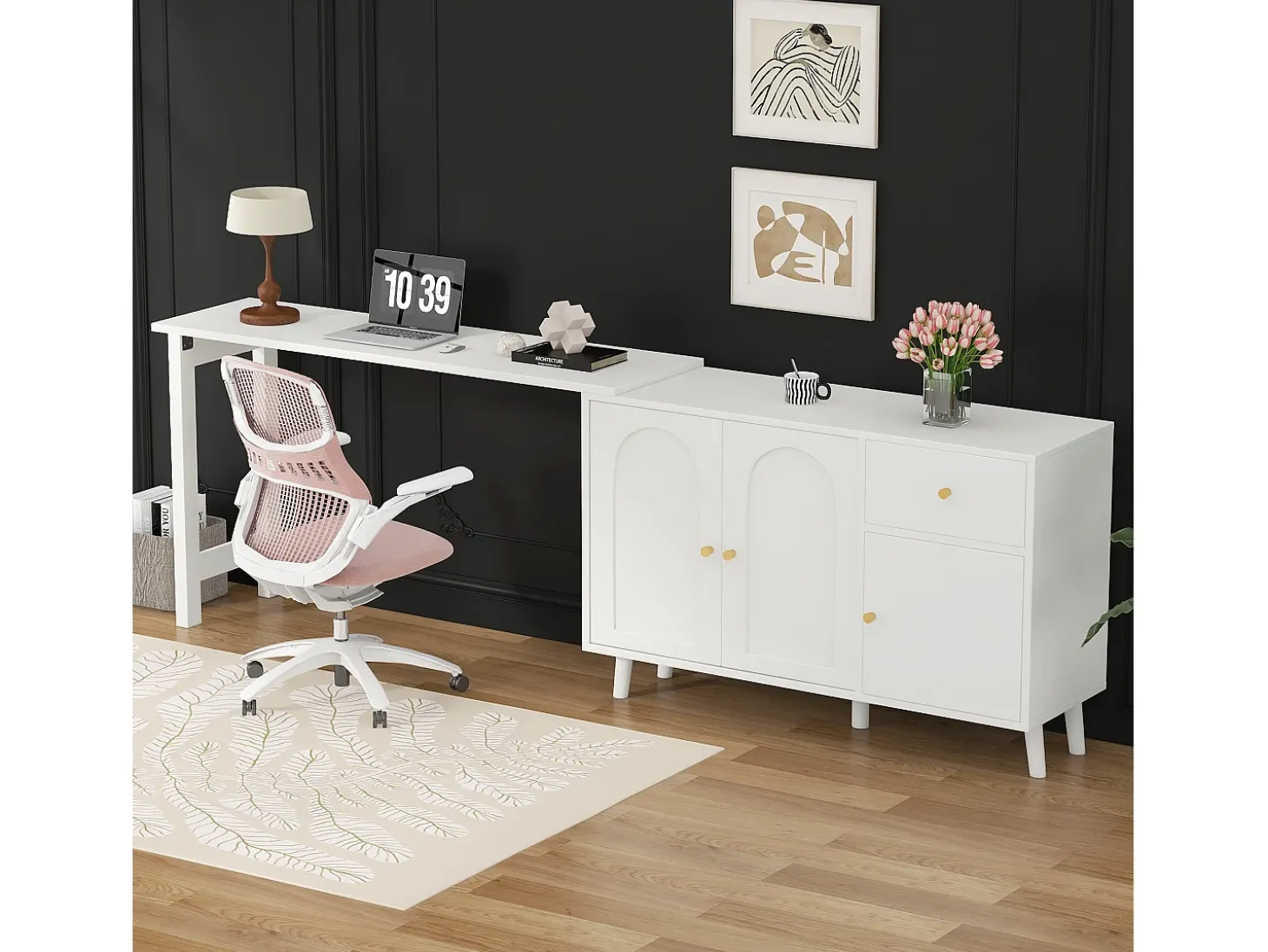 Escrivaninha 2 em 1 120×40×74,5 cm - Giratório 360° - 3 portas e 1 gaveta - Certificado FSC - branco
