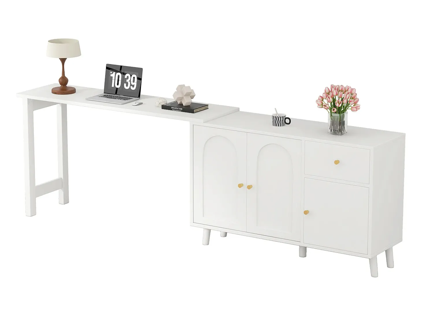 Escrivaninha 2 em 1 120×40×74,5 cm - Giratório 360° - 3 portas e 1 gaveta - Certificado FSC - branco