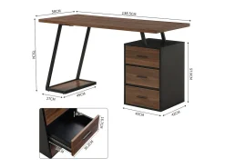 Escrivaninha com 3 gavetas de armazenamento - tampo de madeira - MDF e Metal - Marrom + Preto - 138,5x58x75cm