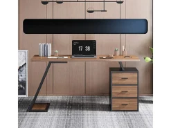 Escrivaninha com 3 gavetas de armazenamento - tampo de madeira - MDF e Metal - Marrom + Preto - 138,5x58x75cm