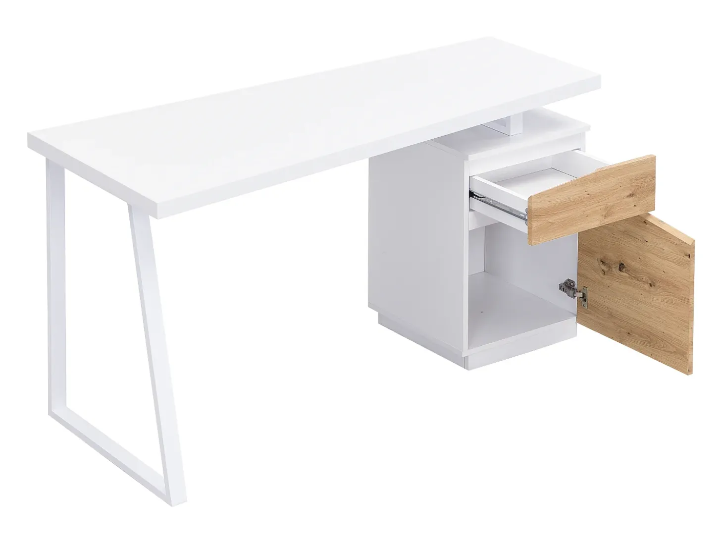 Escrivaninha com compartimentos 1 gaveta e 1 porta MDF natural e aço branco GOTAMA