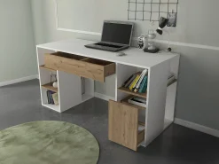 Escrivaninha com espaço para armazenamento em branco e tons naturais - MELAVA