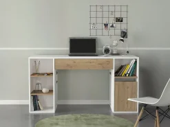 Escrivaninha com espaço para armazenamento em branco e tons naturais - MELAVA