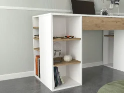 Escrivaninha com espaço para armazenamento em branco e tons naturais - MELAVA