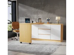 Escrivaninha de canto 120×50×76,5 cm - Bancada giratória 360° - 3 gavetas e 2 portas - Com rodízios bloqueáveis - Natural + Branco