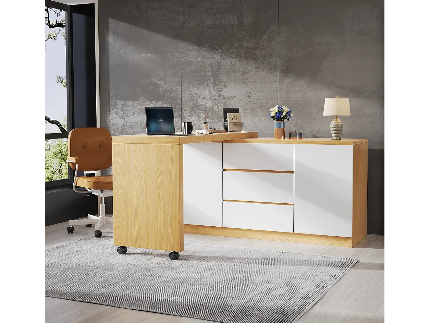 Escrivaninha de canto 120×50×76,5 cm - Bancada giratória 360° - 3 gavetas e 2 portas - Com rodízios bloqueáveis - Natural + Branco