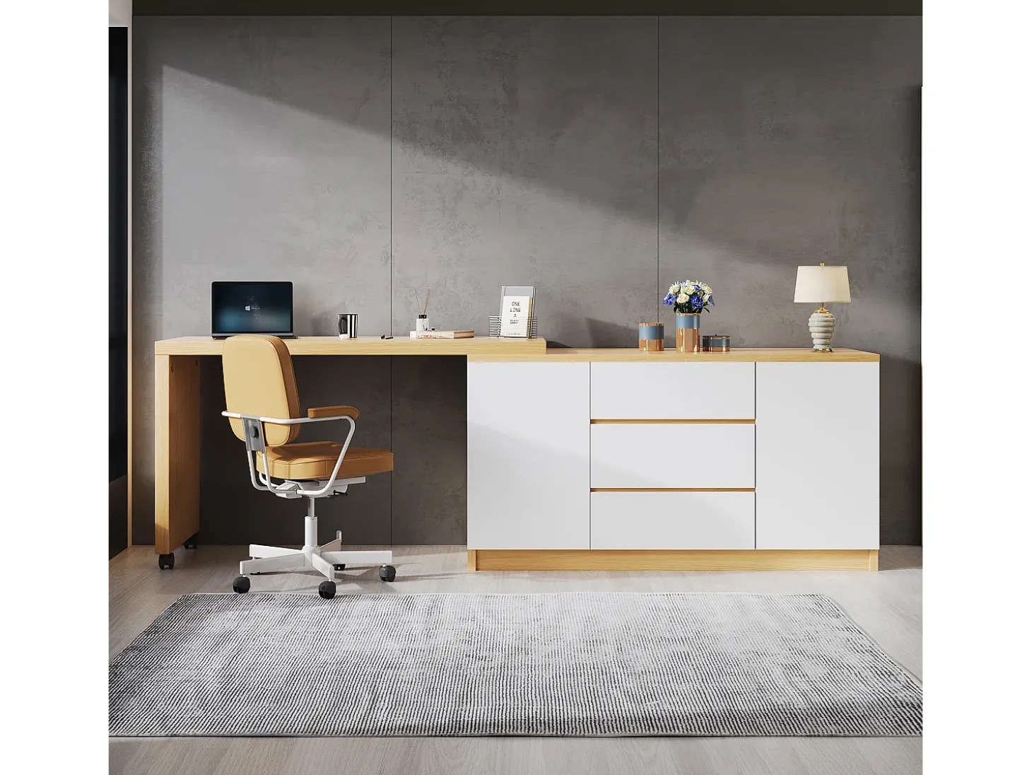 Escrivaninha de canto 120×50×76,5 cm - Bancada giratória 360° - 3 gavetas e 2 portas - Com rodízios bloqueáveis - Natural + Branco