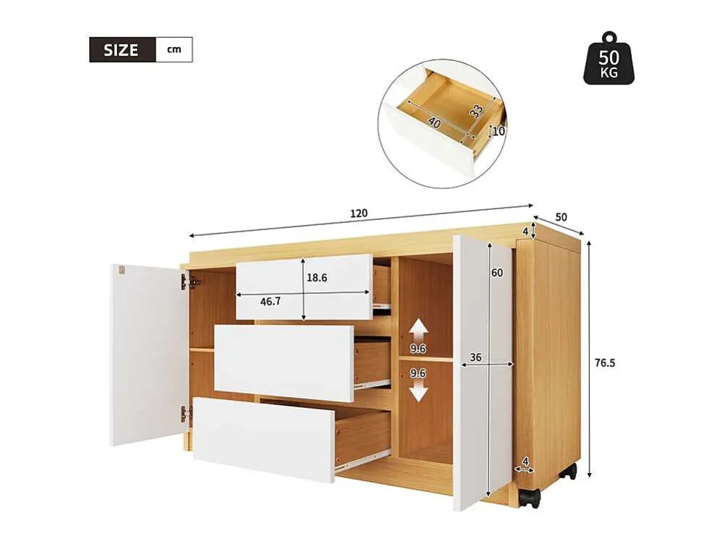 Escrivaninha de canto 120×50×76,5 cm - Bancada giratória 360° - 3 gavetas e 2 portas - Com rodízios bloqueáveis - Natural + Branco