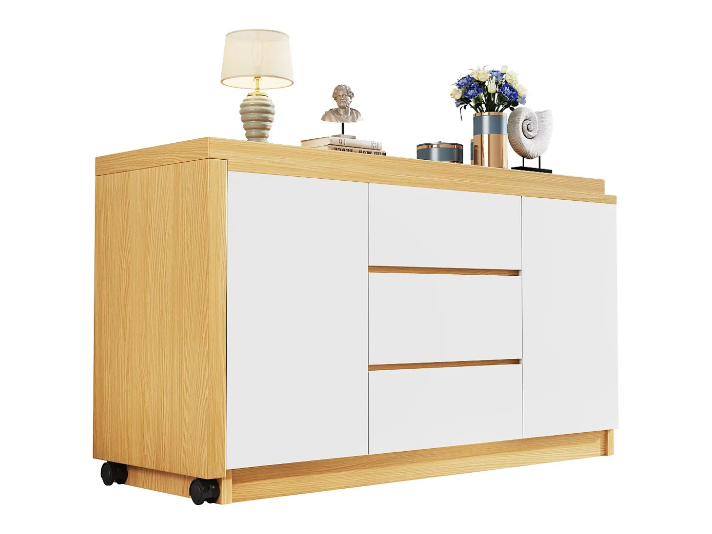 Escrivaninha de canto 120×50×76,5 cm - Bancada giratória 360° - 3 gavetas e 2 portas - Com rodízios bloqueáveis - Natural + Branco