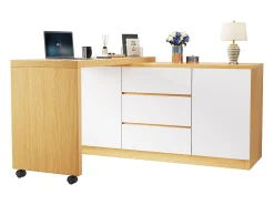 Escrivaninha de canto 120×50×76,5 cm - Bancada giratória 360° - 3 gavetas e 2 portas - Com rodízios bloqueáveis - Natural + Branco
