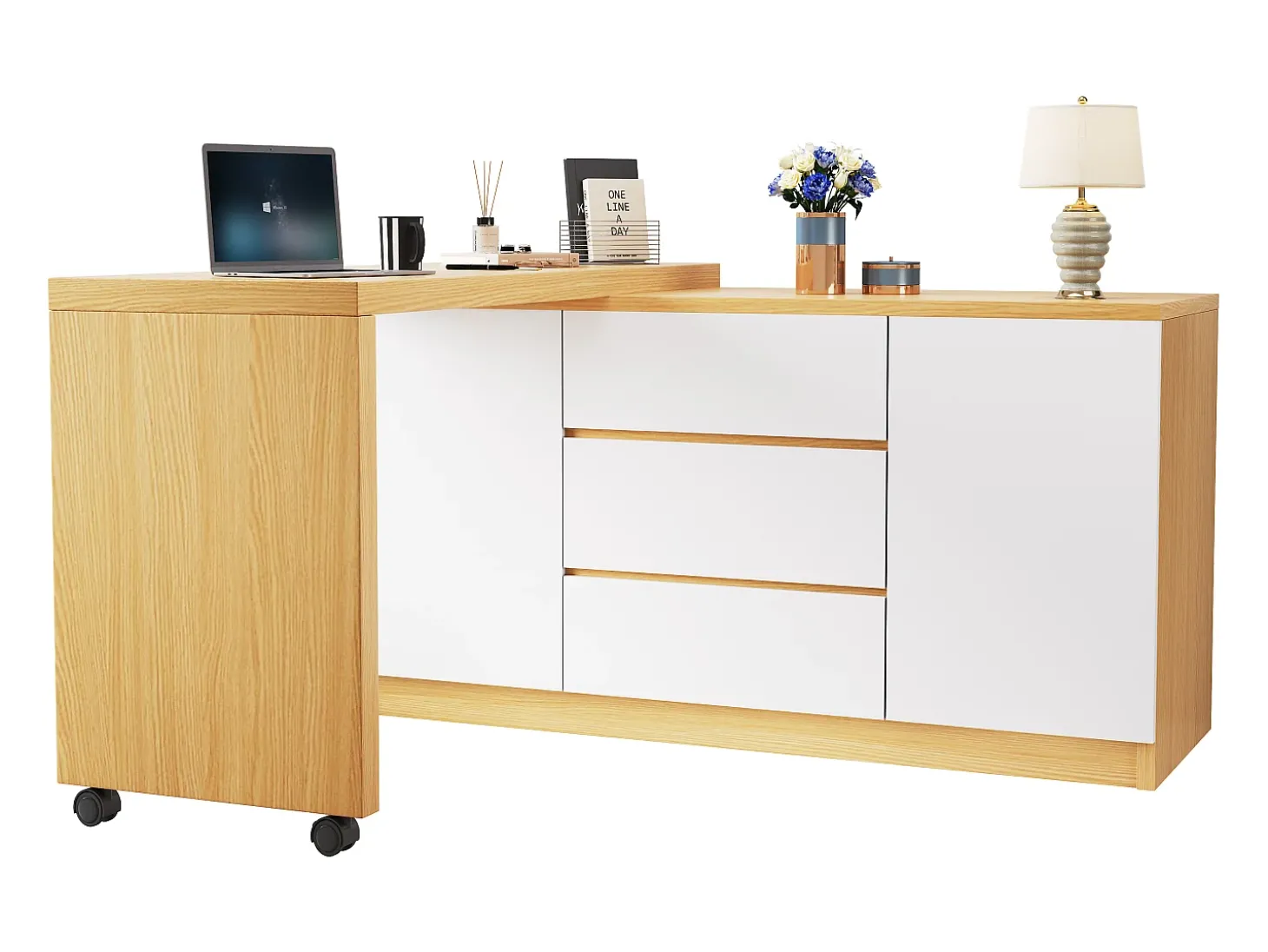 Escrivaninha de canto 120×50×76,5 cm - Bancada giratória 360° - 3 gavetas e 2 portas - Com rodízios bloqueáveis - Natural + Branco