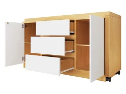 Escrivaninha de canto 120×50×76,5 cm - Bancada giratória 360° - 3 gavetas e 2 portas - Com rodízios bloqueáveis - Natural + Branco