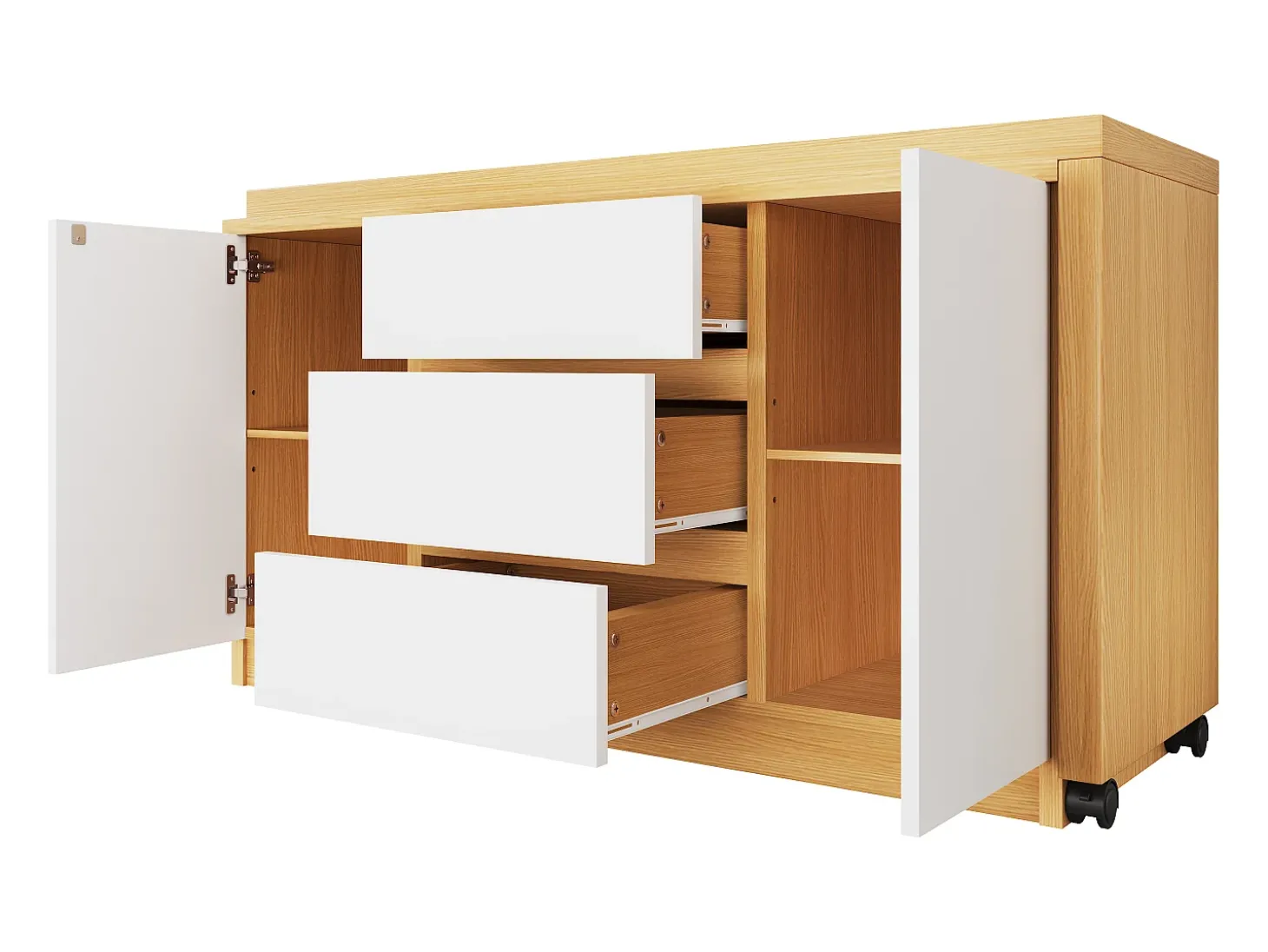 Escrivaninha de canto 120×50×76,5 cm - Bancada giratória 360° - 3 gavetas e 2 portas - Com rodízios bloqueáveis - Natural + Branco
