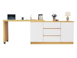 Escrivaninha de canto 120×50×76,5 cm - Bancada giratória 360° - 3 gavetas e 2 portas - Com rodízios bloqueáveis - Natural + Branco