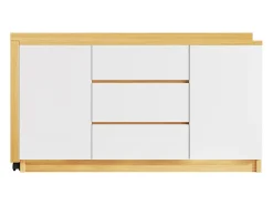 Escrivaninha de canto 120×50×76,5 cm - Bancada giratória 360° - 3 gavetas e 2 portas - Com rodízios bloqueáveis - Natural + Branco