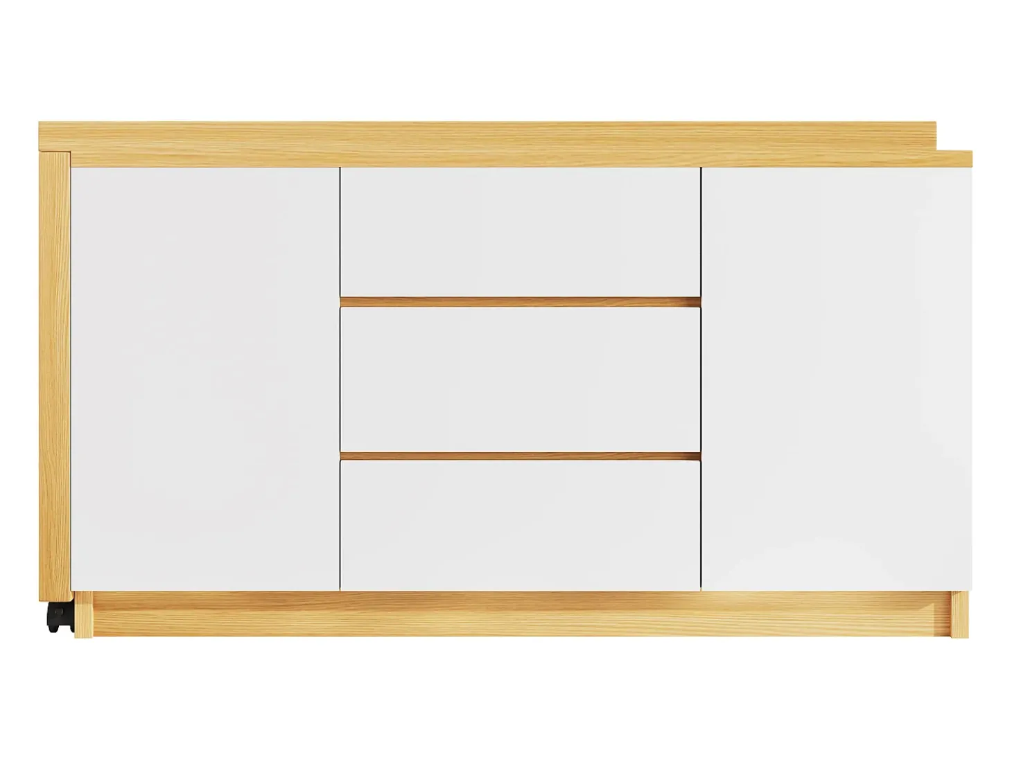 Escrivaninha de canto 120×50×76,5 cm - Bancada giratória 360° - 3 gavetas e 2 portas - Com rodízios bloqueáveis - Natural + Branco