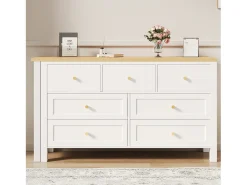 Escrivaninha de canto 120×40×70 cm - com 7 gavetas - design 2 em 1 - tampo giratório 360° - certificado FSC - branco + natural