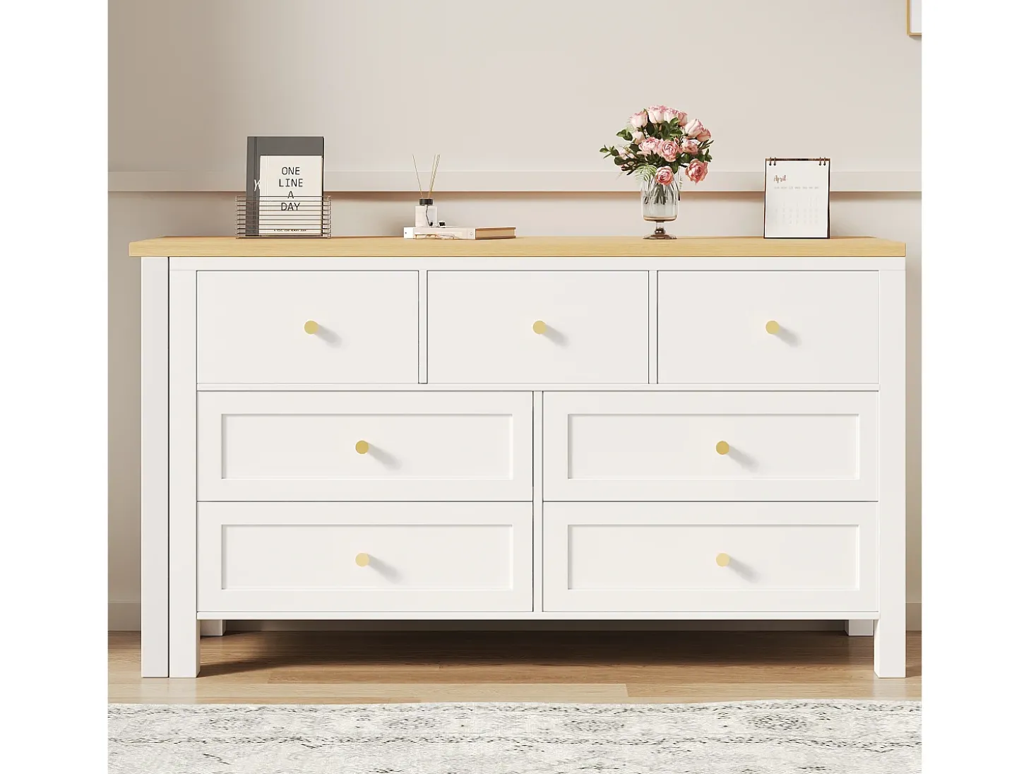 Escrivaninha de canto 120×40×70 cm - com 7 gavetas - design 2 em 1 - tampo giratório 360° - certificado FSC - branco + natural