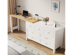 Escrivaninha de canto 120×40×70 cm - com 7 gavetas - design 2 em 1 - tampo giratório 360° - certificado FSC - branco + natural