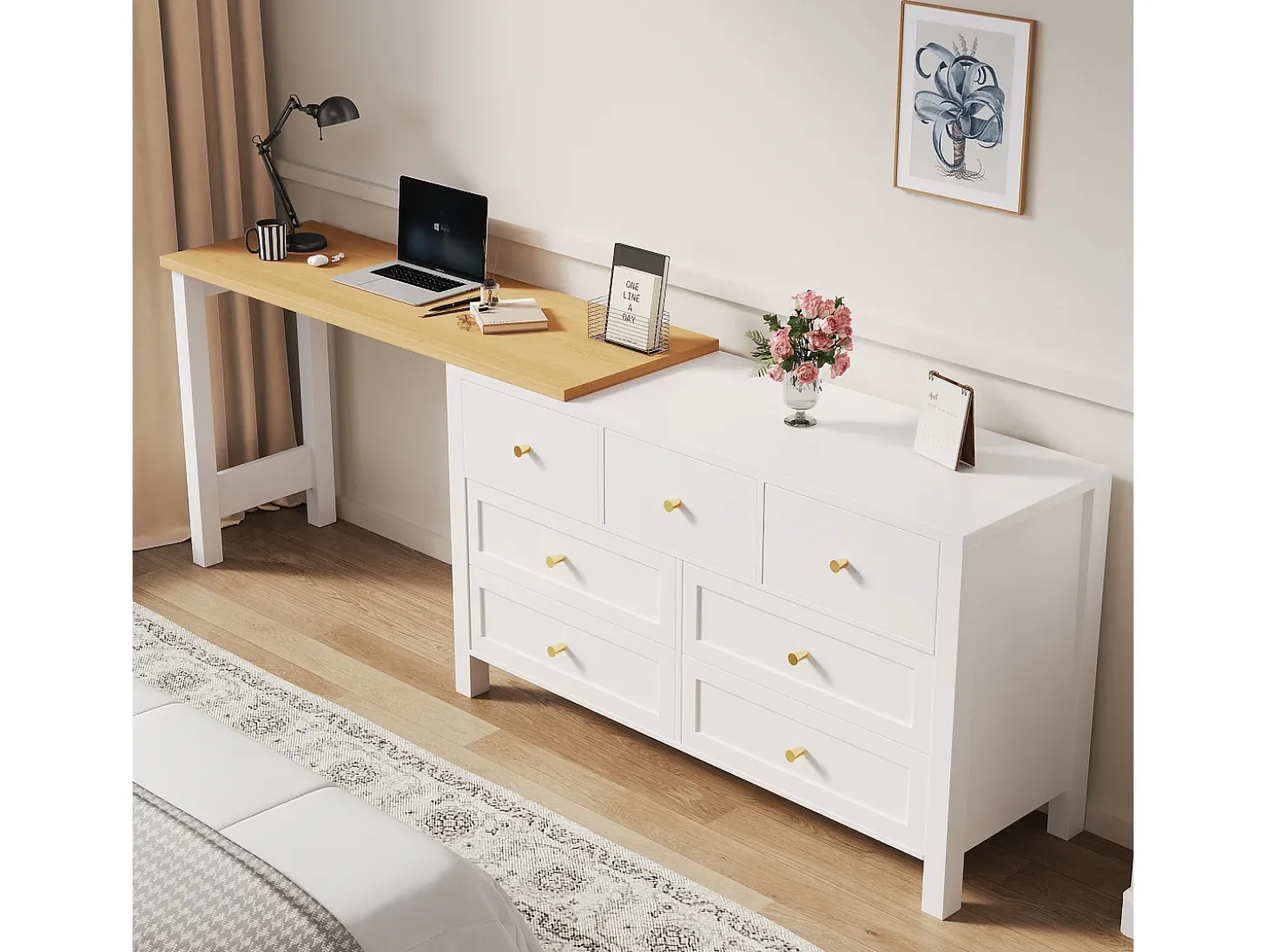Escrivaninha de canto 120×40×70 cm - com 7 gavetas - design 2 em 1 - tampo giratório 360° - certificado FSC - branco + natural