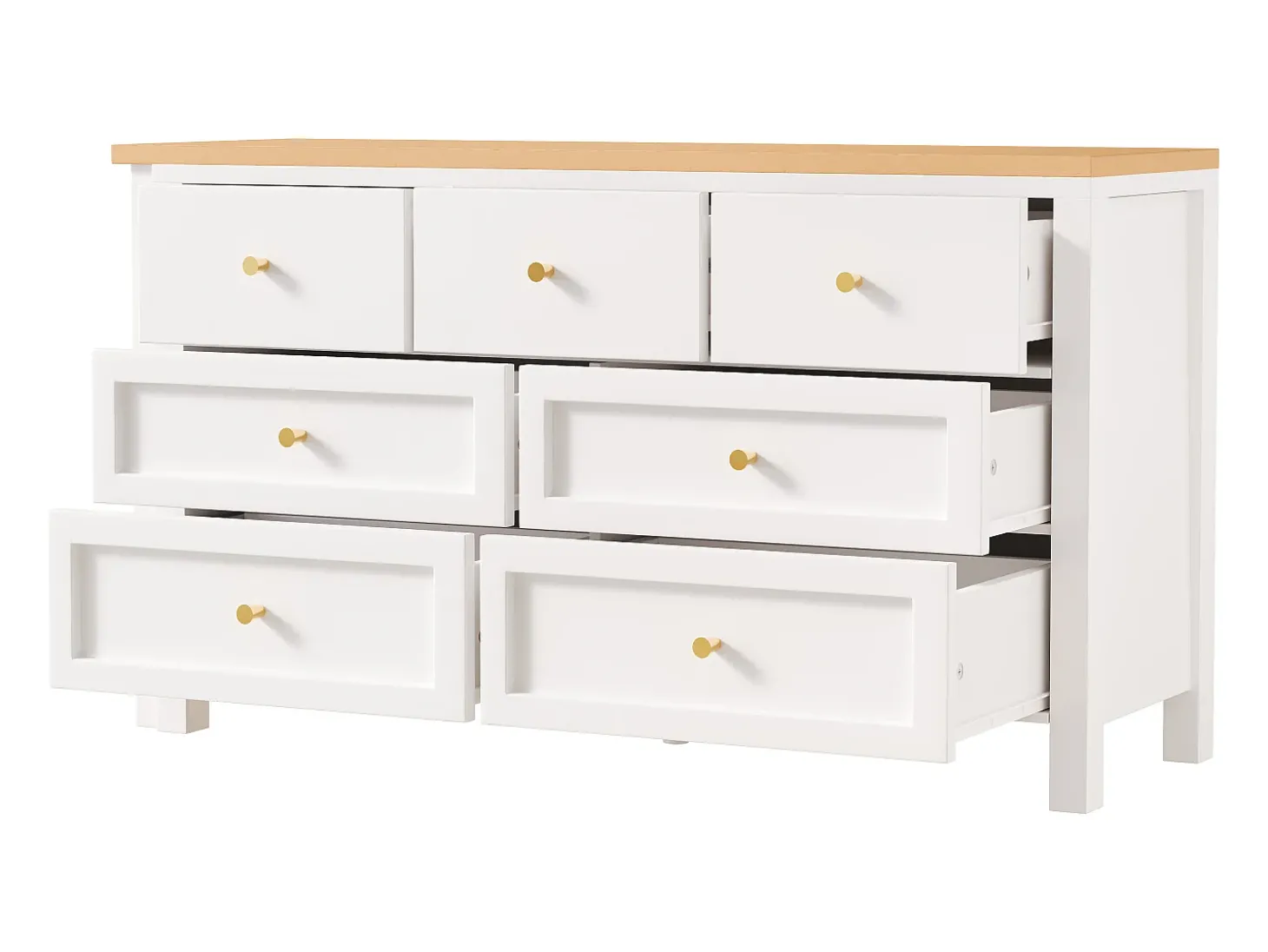 Escrivaninha de canto 120×40×70 cm - com 7 gavetas - design 2 em 1 - tampo giratório 360° - certificado FSC - branco + natural