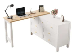 Escrivaninha de canto 120×40×70 cm - com 7 gavetas - design 2 em 1 - tampo giratório 360° - certificado FSC - branco + natural