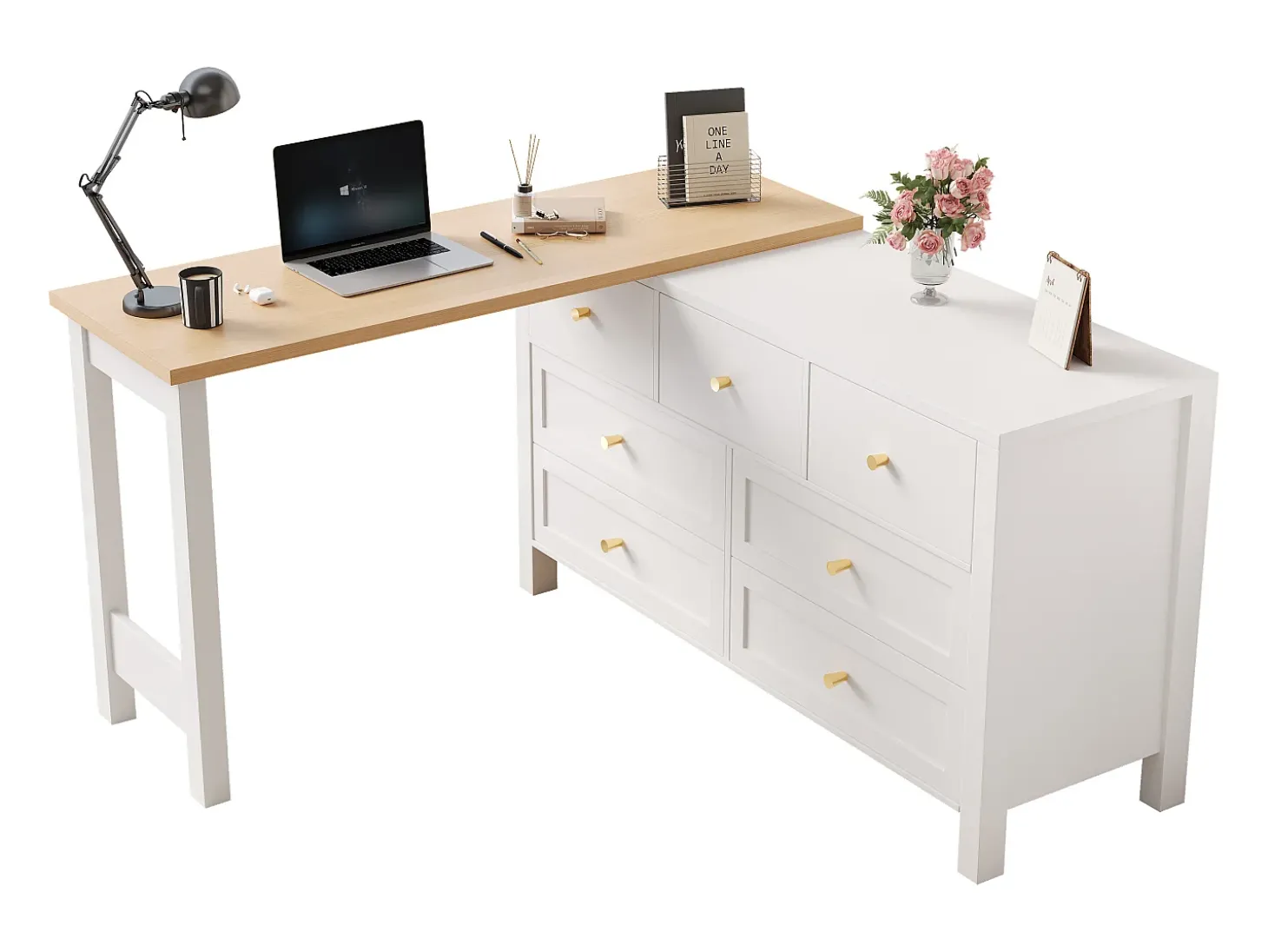 Escrivaninha de canto 120×40×70 cm - com 7 gavetas - design 2 em 1 - tampo giratório 360° - certificado FSC - branco + natural