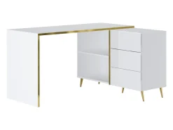 Escrivaninha de canto com gavetas e nichos em branco brilhante e dourado - MARZIALO
