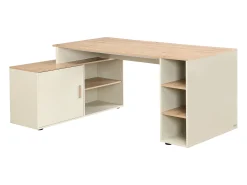 Escrivaninha de canto com arrumação em MDF bege e natural - ROMIARA