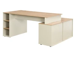 Escrivaninha de canto com arrumação em MDF bege e natural - ROMIARA