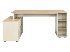 Escrivaninha de canto com arrumação em MDF bege e natural - ROMIARA