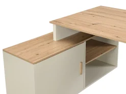Escrivaninha de canto com arrumação em MDF bege e natural - ROMIARA