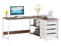Escrivaninha em formato de L reversível com 4 gavetas, 155 x 110 x 75 cm, madeira de nogueira e branco