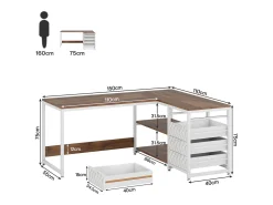 Escrivaninha em formato de L reversível com 4 gavetas, 155 x 110 x 75 cm, madeira de nogueira e branco