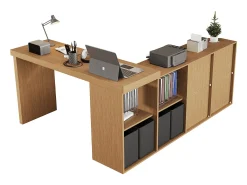 Escrivaninha giratória 360° 260×48×78 cm - com 4 compartimentos - 4 gavetas - MDF - natural + preto